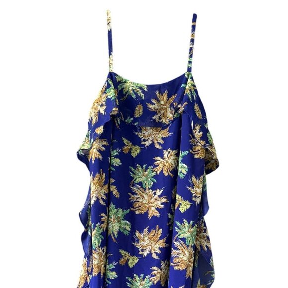 WD.NY Womens L Blue Floral Ruffle Asymmetrical Hem Sleeveless Dress Tropical - Picture 2 of 7